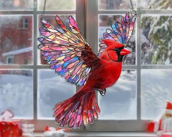 Red Cardinal Christmas Acrylic Suncatcher, Cardinal Window Hanging, Bird Lover Gift, Bird Memorial Gift for Christmas, Cardinal Lover Gift