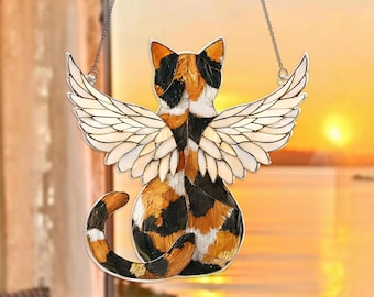 Custom Calico Cat Memorial Suncatcher, Angel Wings Window Hanging