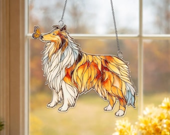 Rough Collie with Butterfly Suncatcher,Collie Dog Window Hanging,Collie Acrylic Suncatcher,Pet Memorial Gift,Dog Lover Decor,Loss Of Collie
