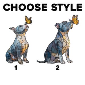 May include: Two stained-glass style dog illustrations with butterflies. The dogs are in shades of blue, brown, and yellow. The text "CHOOSE STYLE" is at the top, with the numbers "1" and "2" below the dogs.
