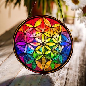 Mandala Stained Glass Suncatcher, Boho Geometric Window Decor, Colorful Glass Sun Catcher, Hanging Mandala Ornament, Patio Wall Art Gift