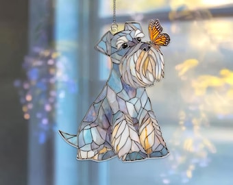 Schnauzer Acrylic Suncatcher,Dog with Butterfly Window Decor,Schnauzer Loss Gift,Dog Memorial Suncatcher,Puppy Lover Home Decor