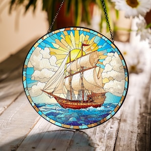 Vintage Sailboat Stained Glass Suncatcher, Nautical Window Hanging, Ocean Ship Sun Catcher, Sea Lover Gift, Maritime Wall Decor