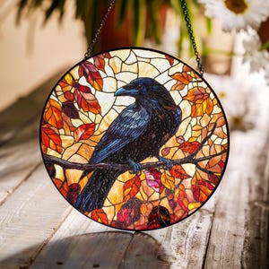 Black Raven Stained Glass Suncatcher: Gothic Halloween Window Decor