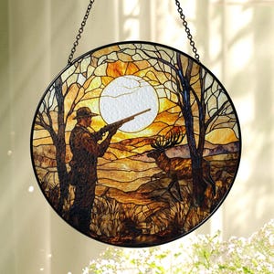 Hunting Deer Stained Glass Suncatcher, Deer Hunting Dad Suncatcher, Gift For Hunter, Hunting Decor, Deer Window Hanging, Deer Hunter Gift