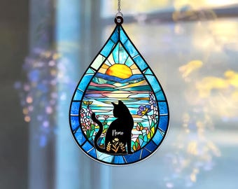 Personalized Cat Acrylic Suncatcher, Teardrop Cat Memorial Suncatcher, Custom Cat Loss Window Hanging, Loss of Cat Home Decor