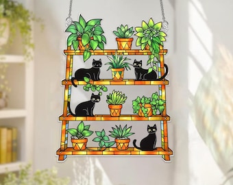 Cat And Plant Acrylic Suncatcher, Black Cat Window Hanging, Cat Plant Suncatcher, Black Cat Suncatcher,Gift For Plant Lover, Garden Decor