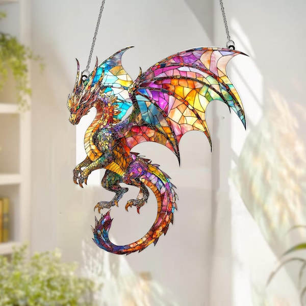 Fantasy Dragon Acrylic Suncatcher: Faux Stained Glass Window Hanging Decor