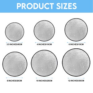 May include: Image showing six circular products of varying sizes. The sizes are labeled as 3.5 inches/9cm, 4 inches/10cm, 6 inches/15cm, 8 inches/20cm, 10 inches/25cm, and 12 inches/30cm. The text "PRODUCT SIZES" is at the top.
