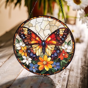 Butterfly and Flowers Stained Glass Suncatcher, Colorful Window Hanging,Garden Lover Gift,Nature Inspired Home Decor, Butterfly Art Ornament