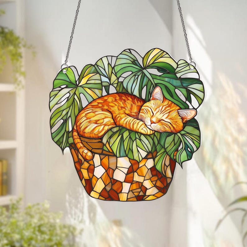 Orange Cat Monstera Acrylic Suncatcher: Fade Resistant Acrylic Window ...