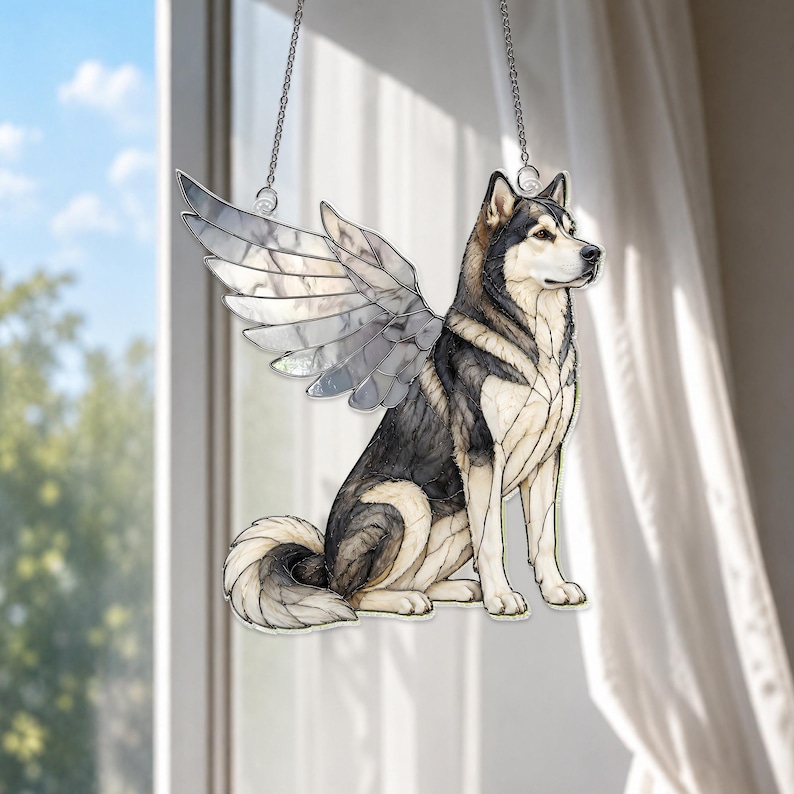 Alaskan Malamute Acrylic Suncatcher, Angel Dog Window Hanging, Alaskan Malamute Memorial Gift, Dog Lover Decor image 4