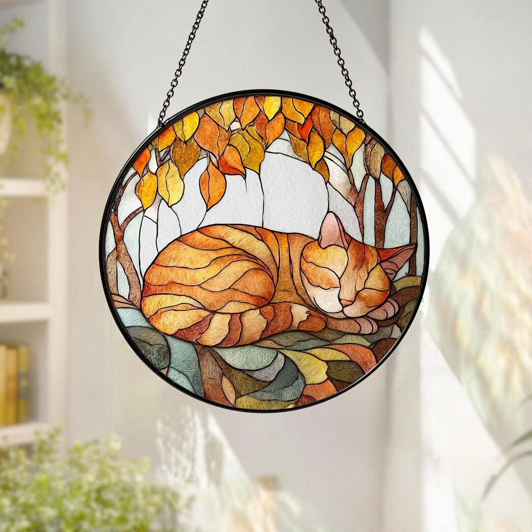 Orange Tabby Cat Sleeping Glass Suncatcher, Tabby Cat Suncatcher ...