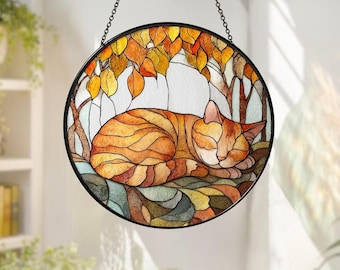 Orange Tabby Cat Sleeping Glass Suncatcher, Tabby Cat Suncatcher, Orange Cat Window Hanging,Tabby Cat Home Decor,Cat Lover Gift,Gift For Mom