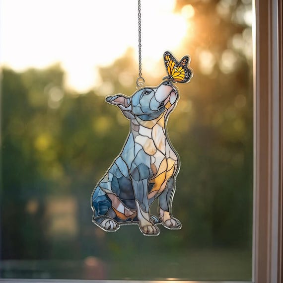 Grey Pitbull Acrylic Suncatcher, Butterfly Dog Window Hanging, Custom Pet Memorial Gift, Dog Lover Decor, Pitbull Mom Gift