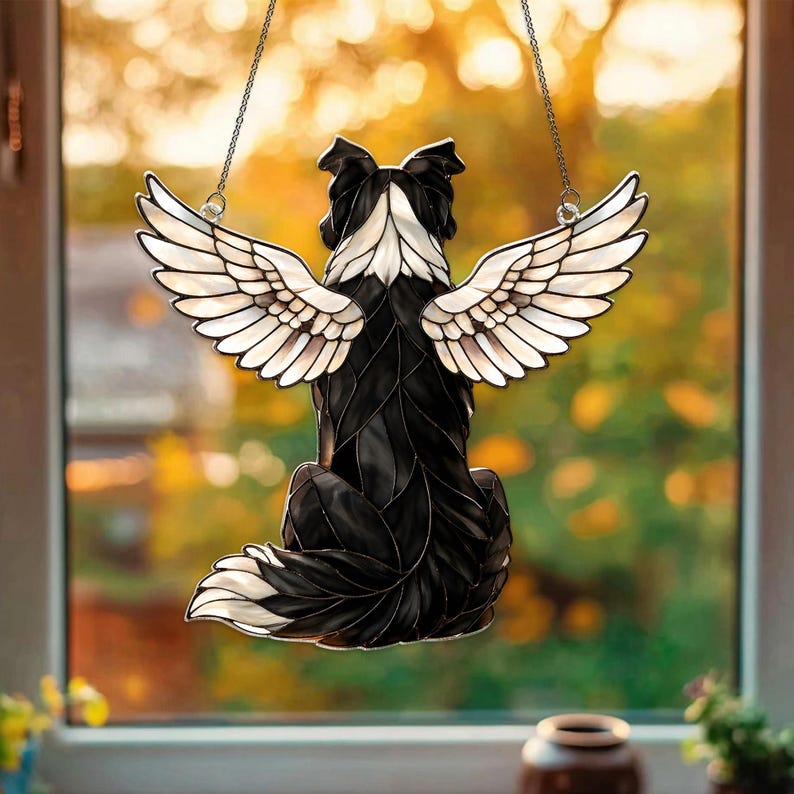 Custom Border Collie Dog Memorial Acrylic Suncatcher, Angel Wings Window Hanging image 4