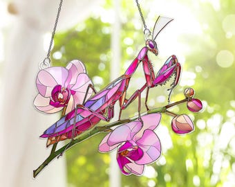 Pink Mantis On Orchid Flower Acrylic Suncatcher, Praying Mantis Suncatcher, Praying Mantis Window Hanging, Insect Decor, Elegant Home Decor