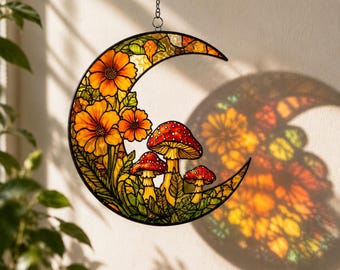 Mushroom Crescent Moon Acrylic Suncatcher, Red Toadstools & Orange Flowers Gift, Mushroom Window Hanging, Boho Home Decor, Fairy Garden Gift