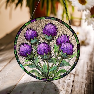 Purple Scottish Thistle Glass Suncatcher, Floral Window Hanging Decor, Wildflower Sun Catcher Gift, Scotland Thistle Art for Flower Lovers