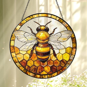 Honey Bee Stained Glass Suncatcher, Honeycomb Window Hanging, Honey Bee Gift For Garden Lover, Bee Hive Suncatcher, Teacher Gift