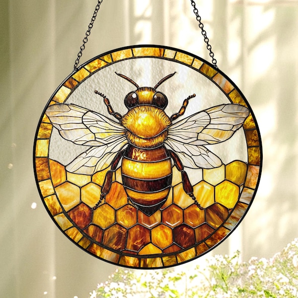 Honey Bee  Glass Suncatcher: Honeycomb Window Hanging