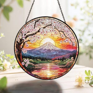 Cherry Blossom Stained Glass Suncatcher, Sakura Flower Window Hanging, Mountain Sunset Glass Decor, Japanese Style Home Gift