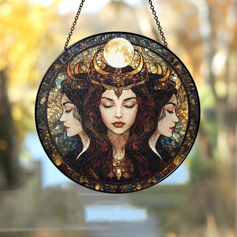 Hecate Triple Moon Goddess Suncatcher, Hecate Goddess Glass Suncatcher, Goddess Window Decor,Pagan Wiccan Gift,Dark Feminine Energy image 5