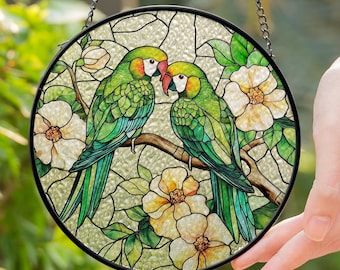 Parrot Couple  Glass Suncatcher: Tropical Window Decor