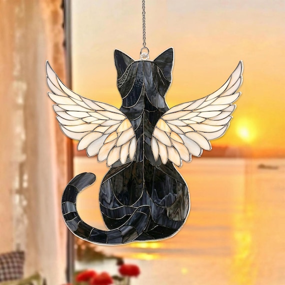 Custom Cat Suncatcher, Angel Wings, Memorial Window Hanging