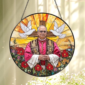 Pope Leo XIV Portrait Stained Glass Suncatcher, Religious Window Decor, Catholic Gift, Christian Religious Gift, Pope Leo Window Hanging