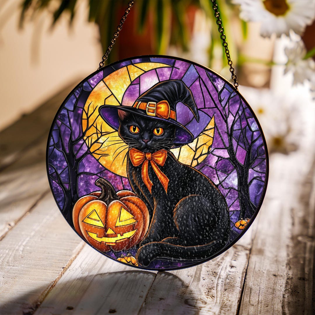 Black Cat Suncatcher: Glass Halloween Window Hanging - Etsy