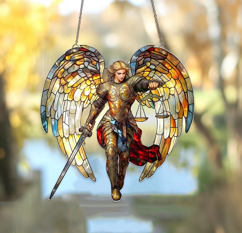 May include: Stained glass angel with golden armor, holding a sword and scales. The angel has large, colorful wings with shades of yellow, orange, and blue. The artwork is suspended by a chain.