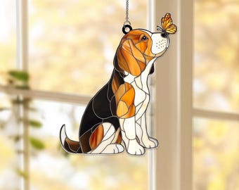 Beagle  Acrylic Suncatcher, Beagle with Butterfly Window Hanging, Beagle Loss Gift, Pet Memorial Gift, Beagle Lover Gift, Dog Mom Gift
