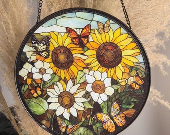 Sunflower Butterfly  Glass Suncatcher: Garden Window Decor