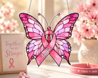 Breast Cancer Butterfly Acrylic Suncatcher, Pink Ribbon Window Hanging, Cancer Awareness Gift, Survivor Support Decor Gift