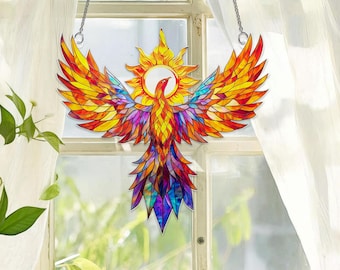 Phoenix Acrylic Suncatcher: Faux Stained Glass Window Hanging Decor
