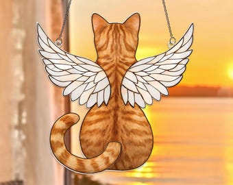 Custom Orange Tabby Cat Angel Wings Suncatcher, Cat Memorial Window Hanging