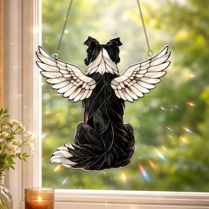 Custom Border Collie Dog Memorial Acrylic Suncatcher, Angel Wings Window Hanging