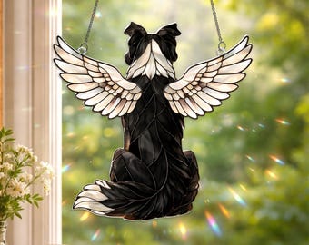 Custom Border Collie Dog Memorial Acrylic Suncatcher, Angel Wings Window Hanging