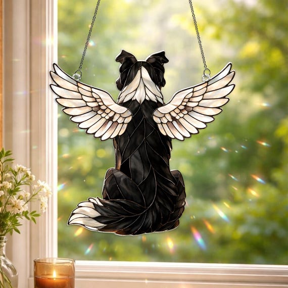 Custom Border Collie Dog Memorial Acrylic Suncatcher, Angel Wings Window Hanging