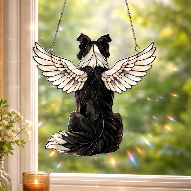 Custom Border Collie Dog Memorial Acrylic Suncatcher, Angel Wings Window Hanging image 1