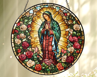 Our Lady of Guadalupe Suncatcher:   Glass Virgin Mary Window Hanging