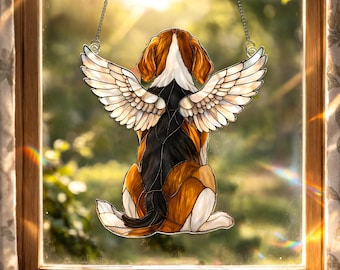 Custom Beagle Dog Memorial Acrylic Suncatcher, Beagle Angel Wings Window Hanging