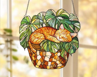 Orange Cat Monstera Acrylic Suncatcher: Fade Resistant Acrylic Window Hanging