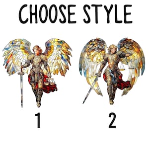 May include: Two illustrations of an angel with stained glass wings, holding a sword and scales. The text "CHOOSE STYLE" is at the top, with the numbers "1" and "2" below each angel illustration.