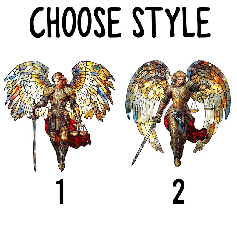 May include: Two illustrations of an angel with stained glass wings, holding a sword and scales. The text "CHOOSE STYLE" is at the top, with the numbers "1" and "2" below each angel illustration.