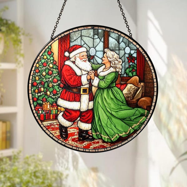 Santa Claus Couple Glass Suncatcher,Santa Claus and Mrs.Claus Dancing Suncatcher,Christmas Window Decor,Santa Claus Ornament,Xmas Home Decor