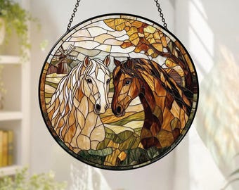 Horse Couple Glass Suncatcher, Equestrian Suncatcher, Horse Ranch Window Hanging, Horse Window Decor,Horse Glass Suncatcher,Lover Horse Gift
