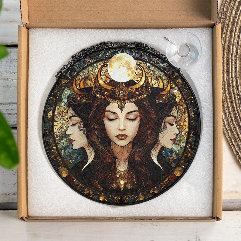 Hecate Triple Moon Goddess Suncatcher, Hecate Goddess Glass Suncatcher, Goddess Window Decor,Pagan Wiccan Gift,Dark Feminine Energy image 6