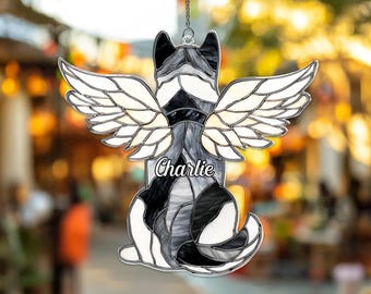 Custom Siberian Husky Suncatcher, Angel Wings, Dog Memorial Gift